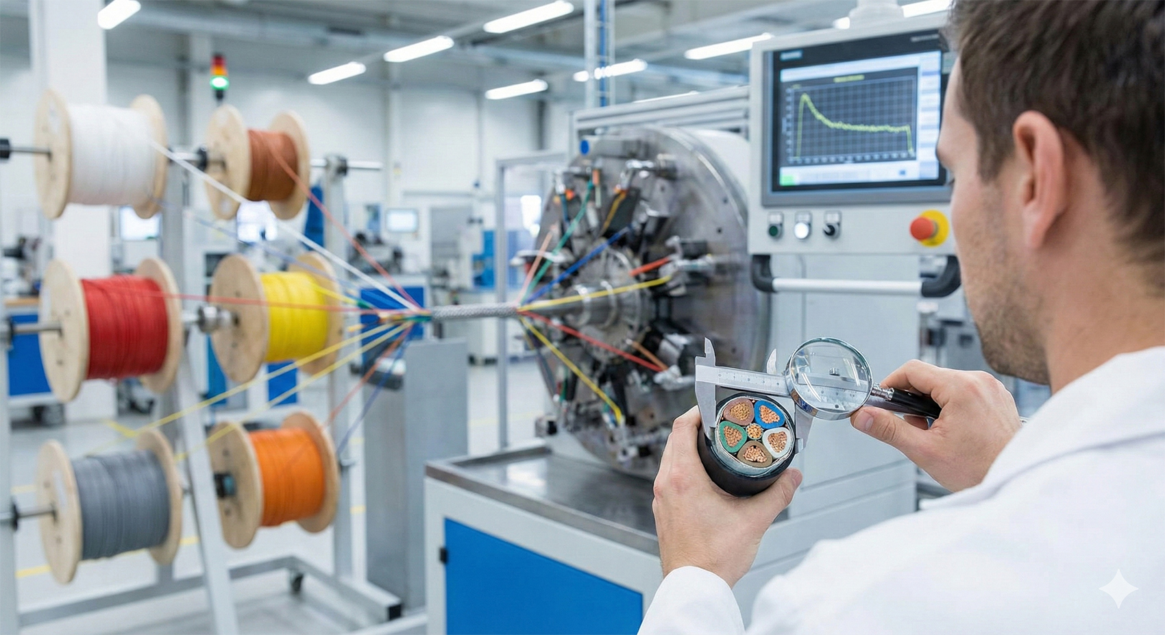 Engineer inspecting custom multi-conductor cable cross-section for Belden equivalent quality control validation in manufacturing facility.
