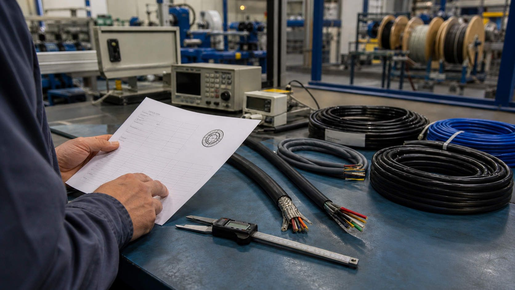 Engineer reviewing cable construction worksheet at industrial workbench with custom cable samples, caliper, and test equipment in manufacturing setting